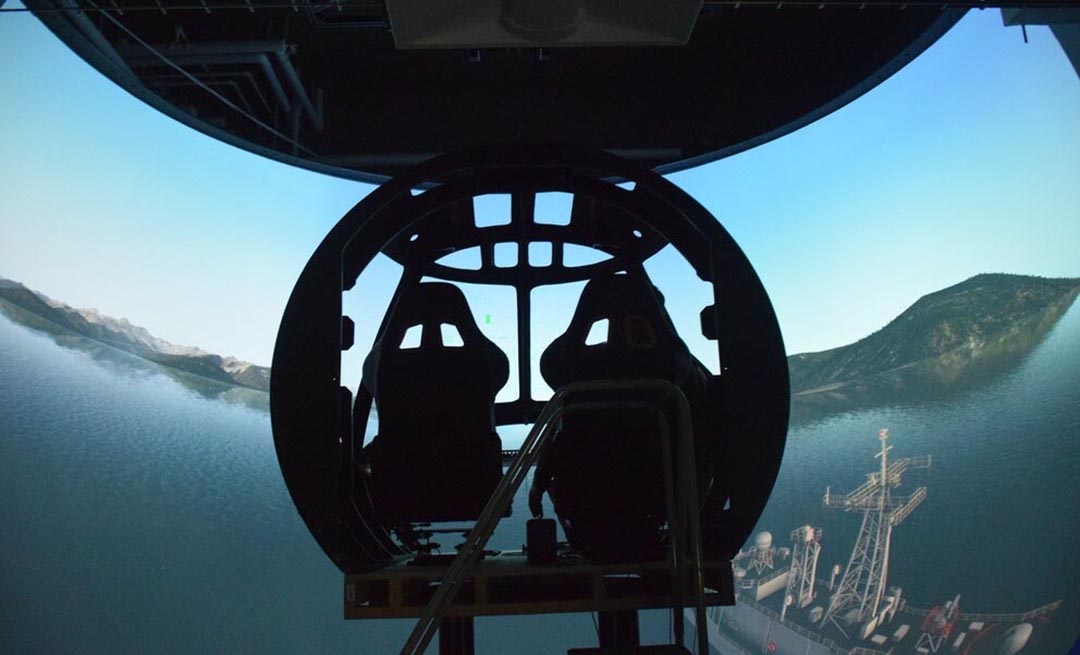 view inside the cockpit of a helicopter flight simulator